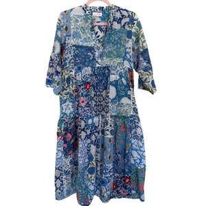 Mary Marshmallow 100% Cotton Patchwork Printed Midi Dress M/L Boho Casual